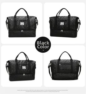 Black quilted travel bag with independent bottom shoe compartment and separate storage