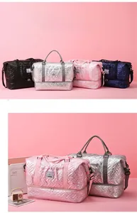 Detail view of water-resistant quilted travel bags with dedicated shoe compartment space
