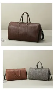 Detail of travel duffle bag showing three colors in textured PU leather with shoulder strap