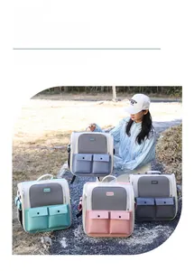 Breathable pet carrier backpack with mesh window and storage pockets in four colors