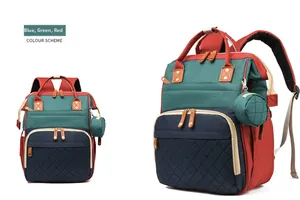 Detail of color-block diaper backpack featuring quilted zip pocket and matching coin purse