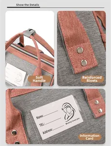 Detail of soft handle, reinforced rivets, and ID card slot on a waterproof diaper bag