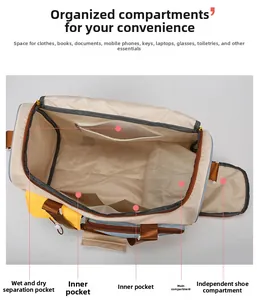Detail view of travel bag with wet-dry separation, main compartment, and shoe pocket