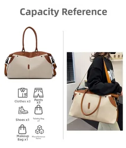 Detail view of large canvas travel bag showing capacity for clothes shoes and accessories