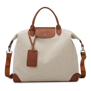 Large Capacity Canvas Travel Bag With Faux Leather Stitching Waterproof Casual Duffel Bag For Gym Weekend Trip Women Handbag