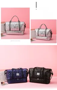 Detailed view of the diamond-quilted travel bag with independent bottom shoe compartment