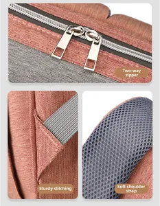 Detail view of durable two-way zippers, reinforced stitching and breathable mesh straps