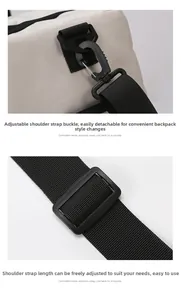 Detail of adjustable and detachable shoulder strap with sturdy plastic hooks on travel bag