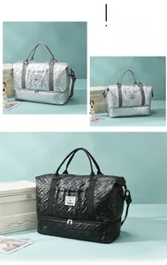 Detail of quilted travel bag featuring a separate bottom shoe compartment and metallic finish