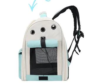 Close-up of pet carrier with breathable black mesh window and metal ventilation holes