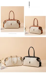 Three stylish canvas tote bags with leather trim in brown, apricot, and black colors