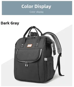 Front view of a dark grey multifunctional baby backpack with water-resistant fabric