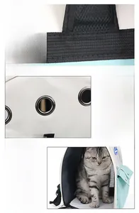 Detail of reinforced handle and metal air vents on breathable pet carrier backpack