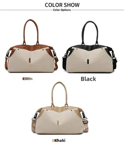Detailed color options for large canvas travel bags in brown, black, and khaki finishes