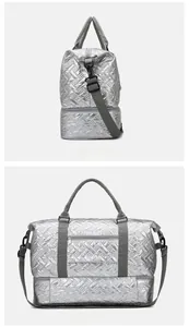 Silver quilted travel bag detail showing side and back views with shoe compartment