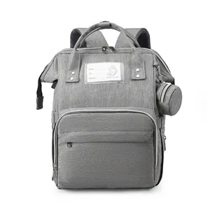 Large capacity gray multi-functional diaper backpack with name card slot and side pouch