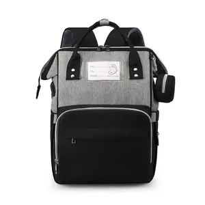 Large capacity mommy backpack in gray fabric with multi-functional pockets and identity card