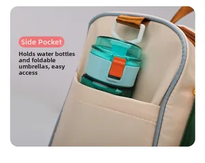 Detail view of the travel bag side pocket featuring water bottle and blue trim