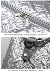 Detail of silver quilted travel bag with premium electroplated zippers and metal side buckles