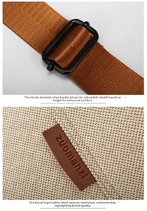 Detailed view of adjustable nylon strap and leather brand tag on durable canvas travel bag