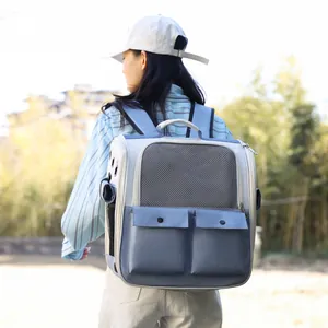 Light blue breathable pet backpack with mesh window and dual front pockets for cats and dogs