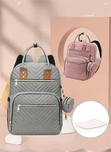 Detail of multi-compartment quilted diaper bag with insulated pocket in grey and pink
