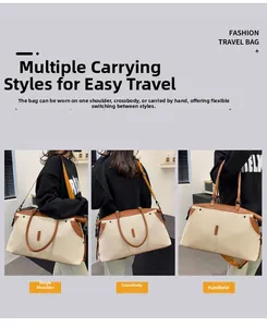Detail view of large canvas travel bag showing shoulder, crossbody, and handheld carry options