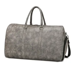 Grey large capacity travel bag with cracked leather texture and shoe compartment