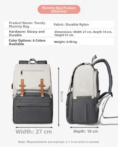Detail view of large gray mummy backpack showing 27x18x41cm dimensions and nylon fabric