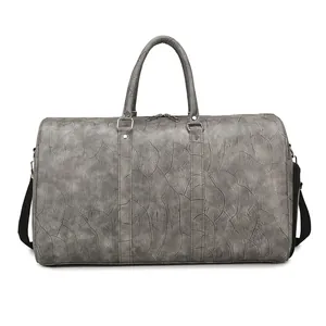 Large gray travel bag with cracked leather texture, dry-wet separation and shoe compartment