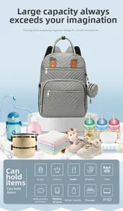 Detailed view of grey quilted baby diaper bag with multiple items and gold zippers