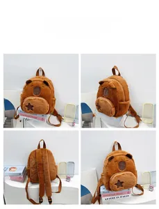 Detailed four-way view showing the plush texture and embroidery of the Capybara backpack