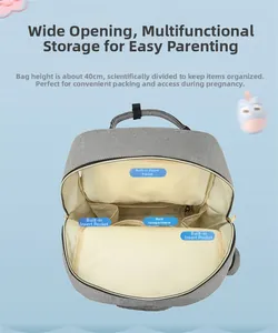 Detailed interior view of a grey multifunctional diaper bag showing multi-compartment storage