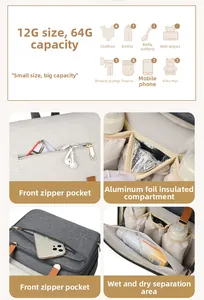 Detail view of large capacity diaper bag with insulated bottle pocket and multiple storage areas