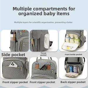 Detail view of grey diaper bag features insulated bottle pockets and multi-compartment storage
