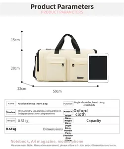 Travel duffel bag size chart showing dimensions 50x28x22cm and iPad comparison