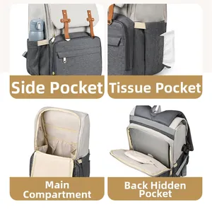 Detail view of the multifunctional diaper bag with side tissue pocket and secure back pocket