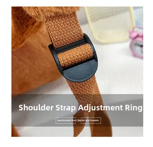 Detail of adjustable strap buckle on soft plush Capybara backpack for women and students