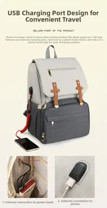 Detail of multi-functional diaper bag showing USB charging port and power bank connection