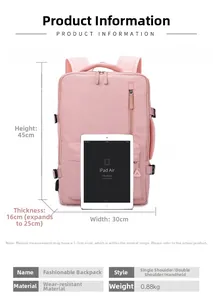 Pink fashion backpack size 45x30x16cm showing expandable capacity with iPad for scale