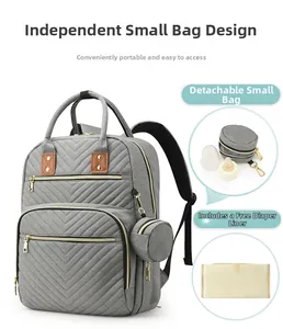Detail of grey diaper backpack with detachable round purse and V-quilted oxford fabric
