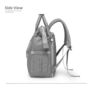 Side view of gray waterproof maternity backpack with elastic pockets and breathable straps