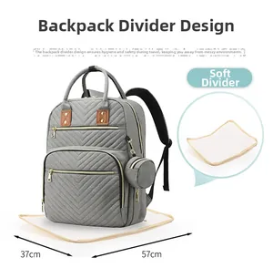 Detail of grey diaper backpack with a 37x57cm foldable changing mat and small coin purse