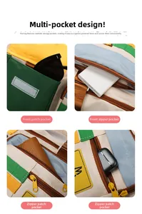 Detail view of colorful nylon travel bag showing front velcro pocket and zipper compartments