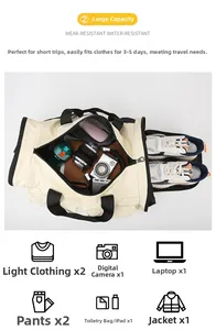 Travel duffel bag showing independent shoe compartment and spacious internal storage capacity