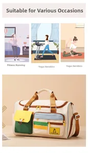 Detail of multi-pocket travel bag showing large capacity and contrast color design