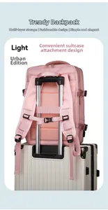 Pink backpack detail showing a luggage strap on the back for convenient travel