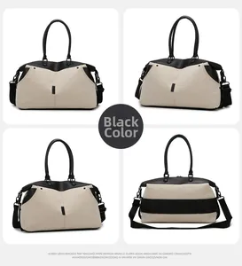 Detail of canvas travel bag featuring black leather straps and luggage sleeve