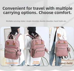 Three-way carry pink quilted diaper bag shown as shoulder bag, backpack, and handbag
