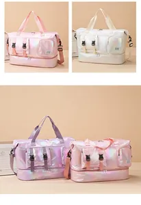 Detail of laser iridescent travel bags featuring waterproof compartments and shoulder straps